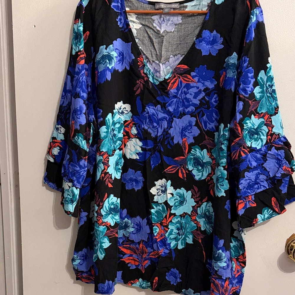 Jessica London V-Neck Floral Blouse - Black and Blue